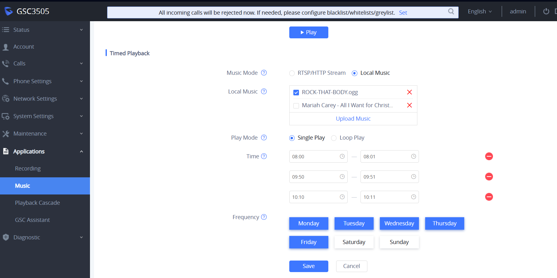 Interface d'administration - Configuration horaire